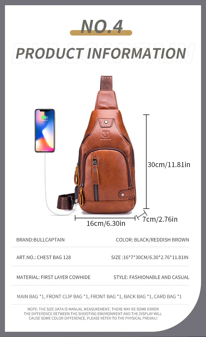 Bullcaptain Leather Large Capacity Chest Bag Men's Shoulder Bag with USB Port for Outdoor Casual Activities