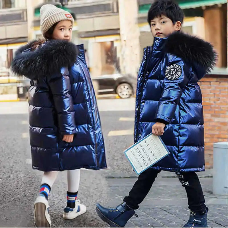 5-14 Years Old Winter Boys Girls Jacket Long Style Hooded Fur Collar Colorful Heavy Coat For Kids Children Outerwear