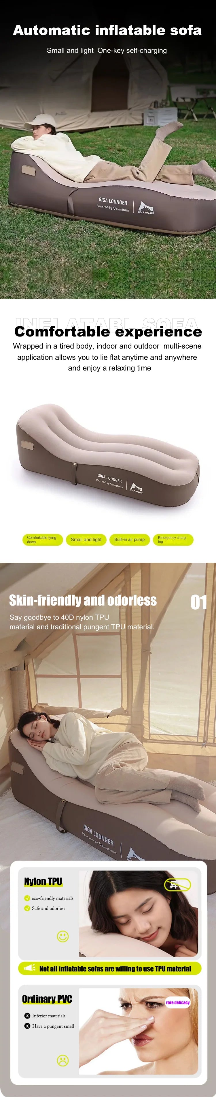 One Click Automatic Inflatable Chair, Outdoor Portable Camping Inflatable Sofa  USB Charging  Family Travel Lazy Air Cushion Bed