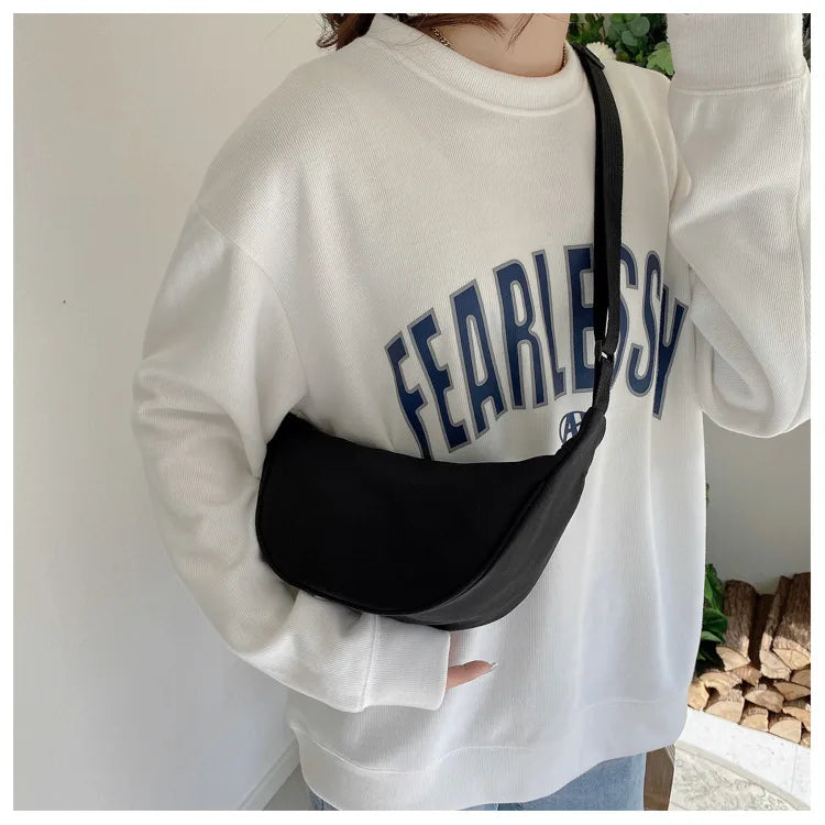 1pc Solid Color Nylon For Women Large Capacity Travel Crossbody Half Moon Daily Street Fanny Pack Waist Bag