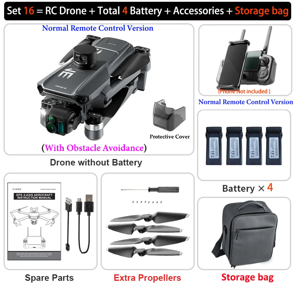 New Wing 6 Drone 8K Camera 3-Axis Gimbal WIFI Obstacle Avoidance FPV Brushless Touch Screen Remote Control Quadcopter Toys Gifts