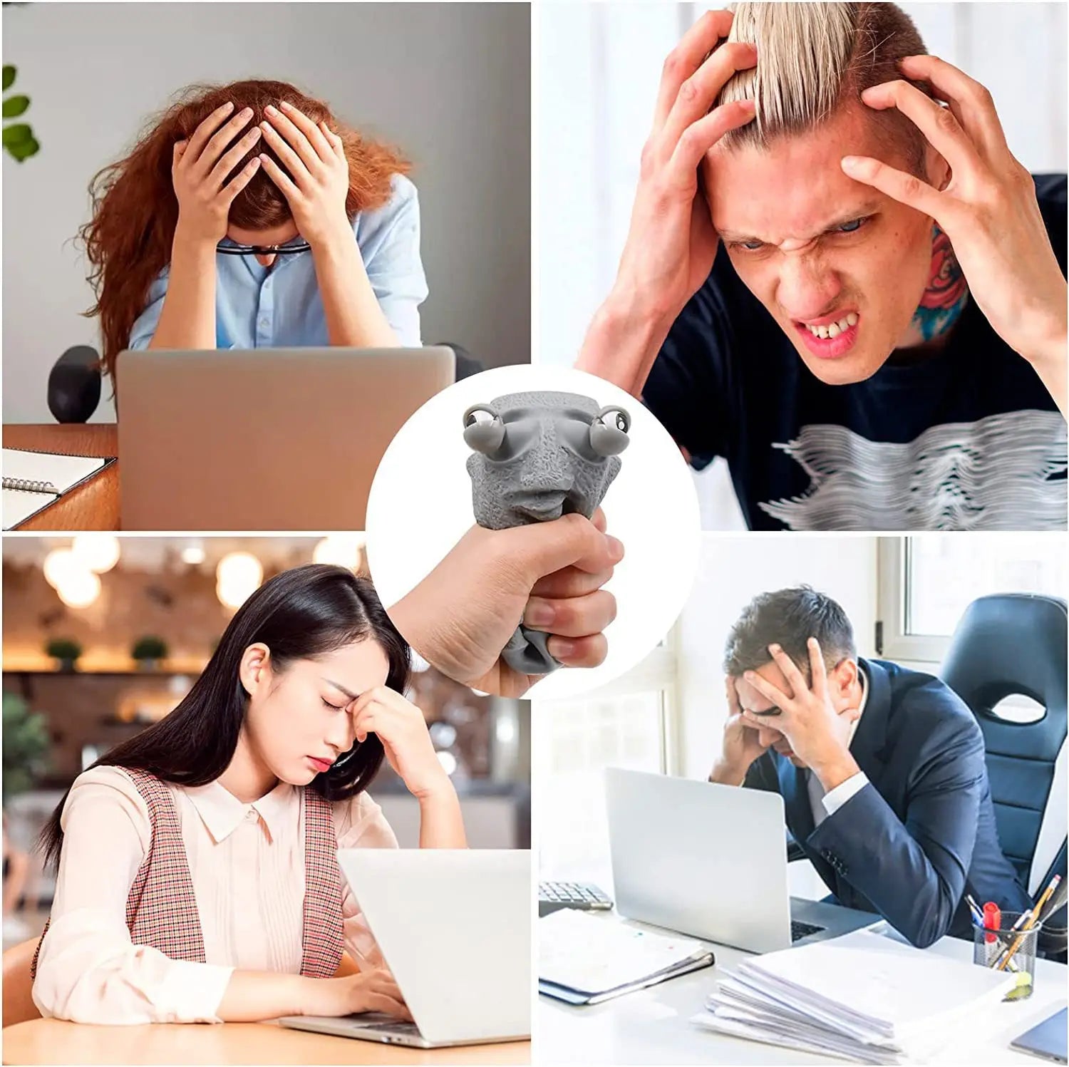 Stone man releases stress toy slowly rebounds soft Moai statue squeeze eyes interested expression relaxes stress children's gift