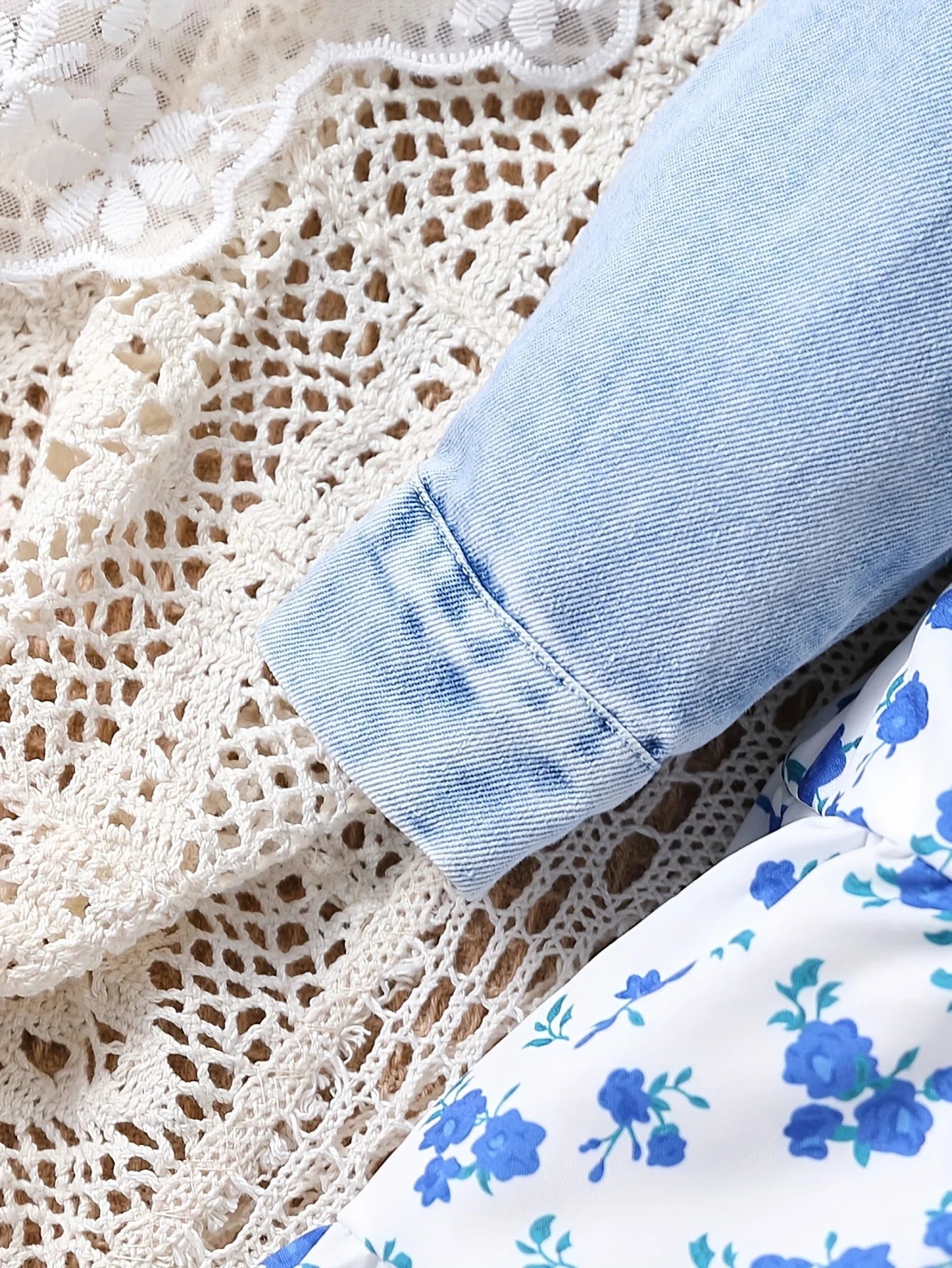 3pieces Four Seasons Leisure Travel Vacation Comfortable Denim Long Sleeve + Floral Dress Set With Halter Sweet Fashion