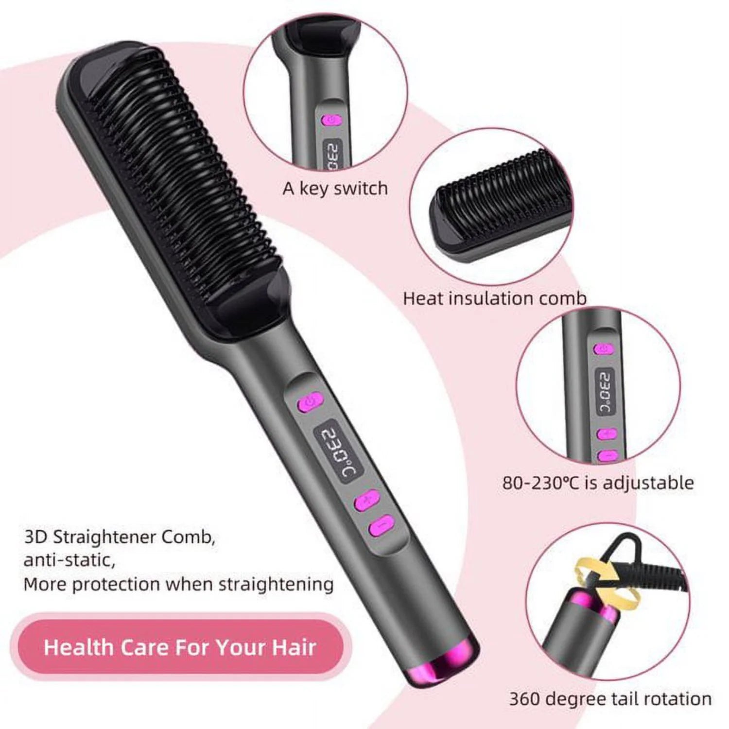 Hair Straightener Brush - Fast Heating Straightening Brush with Anti-Scald Technology for Salon-Quality Results at Home