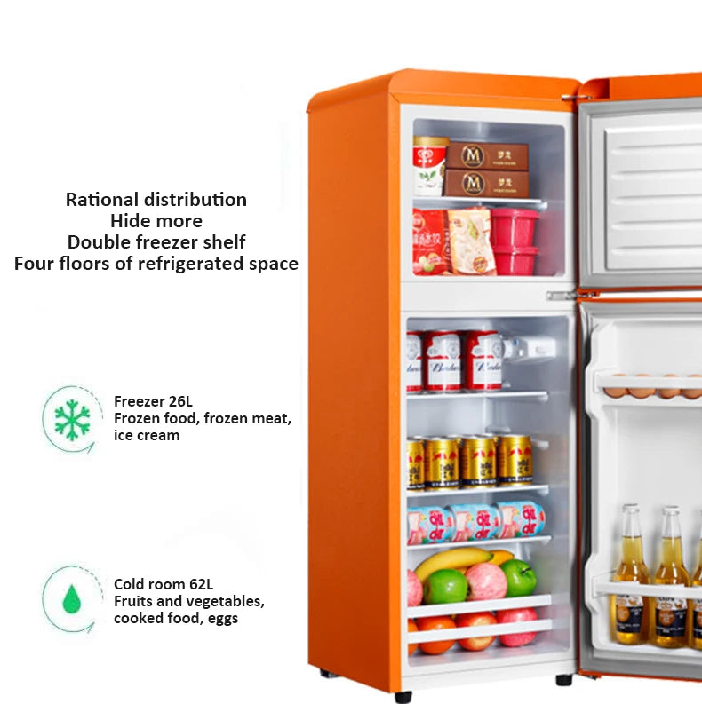Double Door Refrigeration Freezing Mini Small Medium Silent Energy-saving Retro Refrigerators with Handle for Office Home Hotel