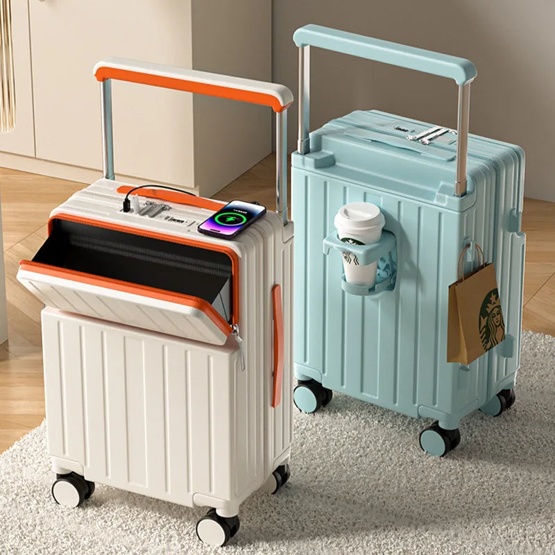 Travel Luggage Wide Tie Rod Suitcase Front Opening Laptop Boarding Case USB Charging 20"22"24"26 Inch Trolley Case with Wheels