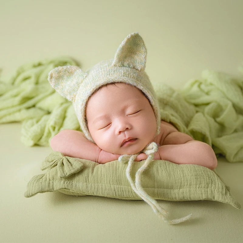 Green Theme Newborn Baby Photography Props Cute Bow Headflower Baby Posing Elastic Wrapping Cloth Background Blanket Accessories