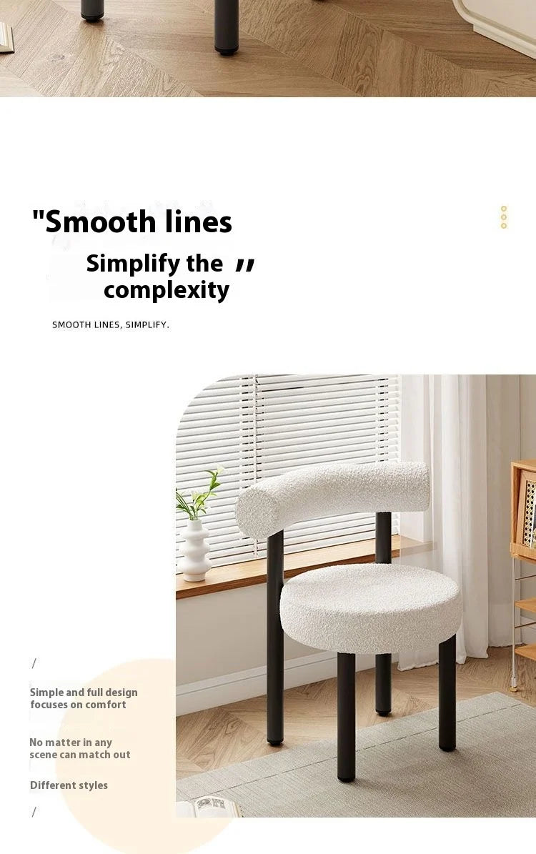 Cloud Vanity Stool Plush Lambwool Round Silhouette, Bedroom Makeup Chair with Designer Cloud Aesthetic Ergonomic Lumbar Support