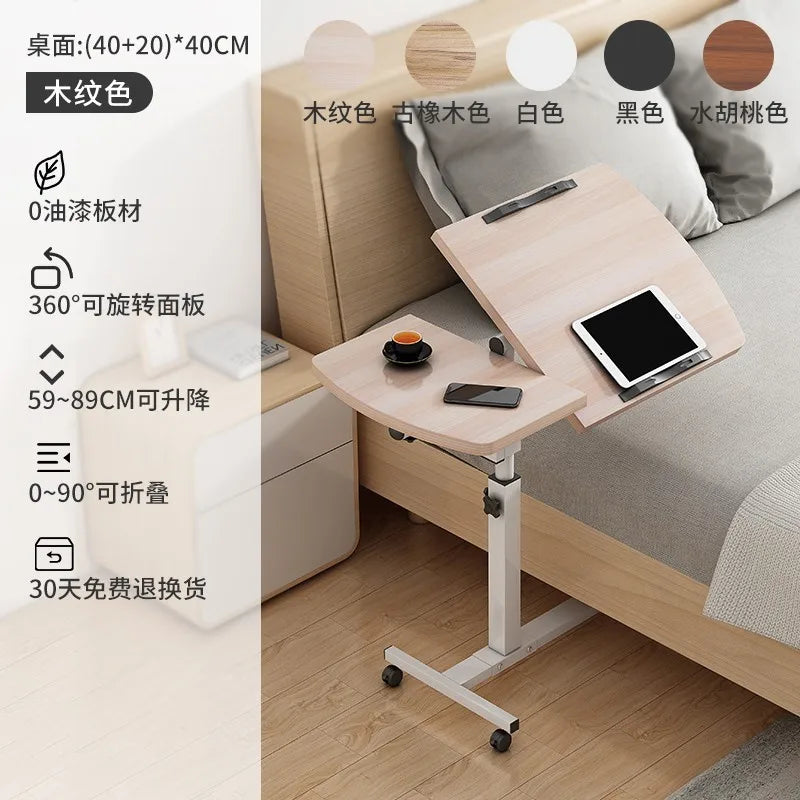 Tilting Overbed Table with Wheels, Height Adjustable Bedside Desk, 2 Tilting Desktops, Mobile Laptop Table Stand Desk