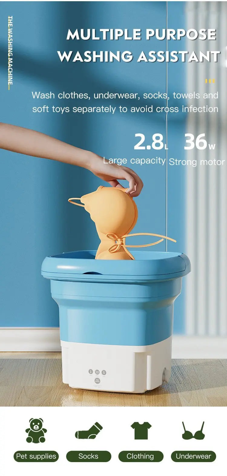 Portable folding washing machine With Spin Dryer Household Automatic Blue Light Sterilization Mini Underwear Laundry Washer