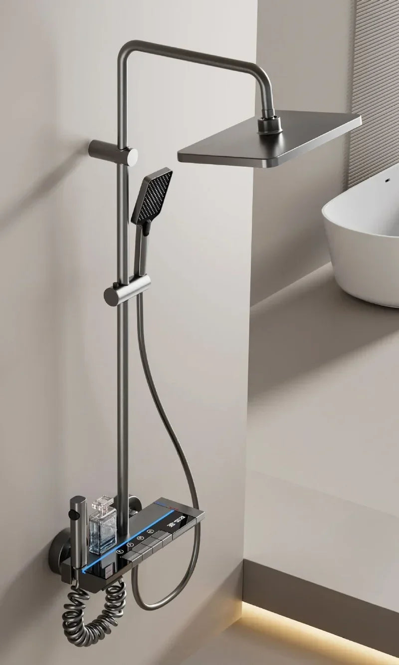 Grey Intelligent Digital Shower System Wall Mounted Bathroom Shower Faucet Set Temperature Display Rainfall Bathroom Shower Set