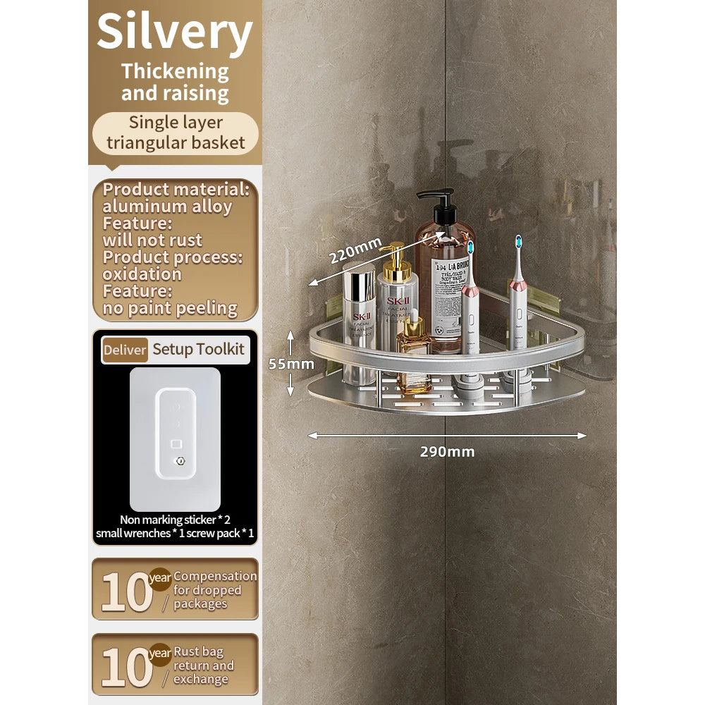 No Need to Drill Walls for Installation Aluminum Bathroom Shelf Shelves Shampoo Rack Storage Holder Kitchen Organizer