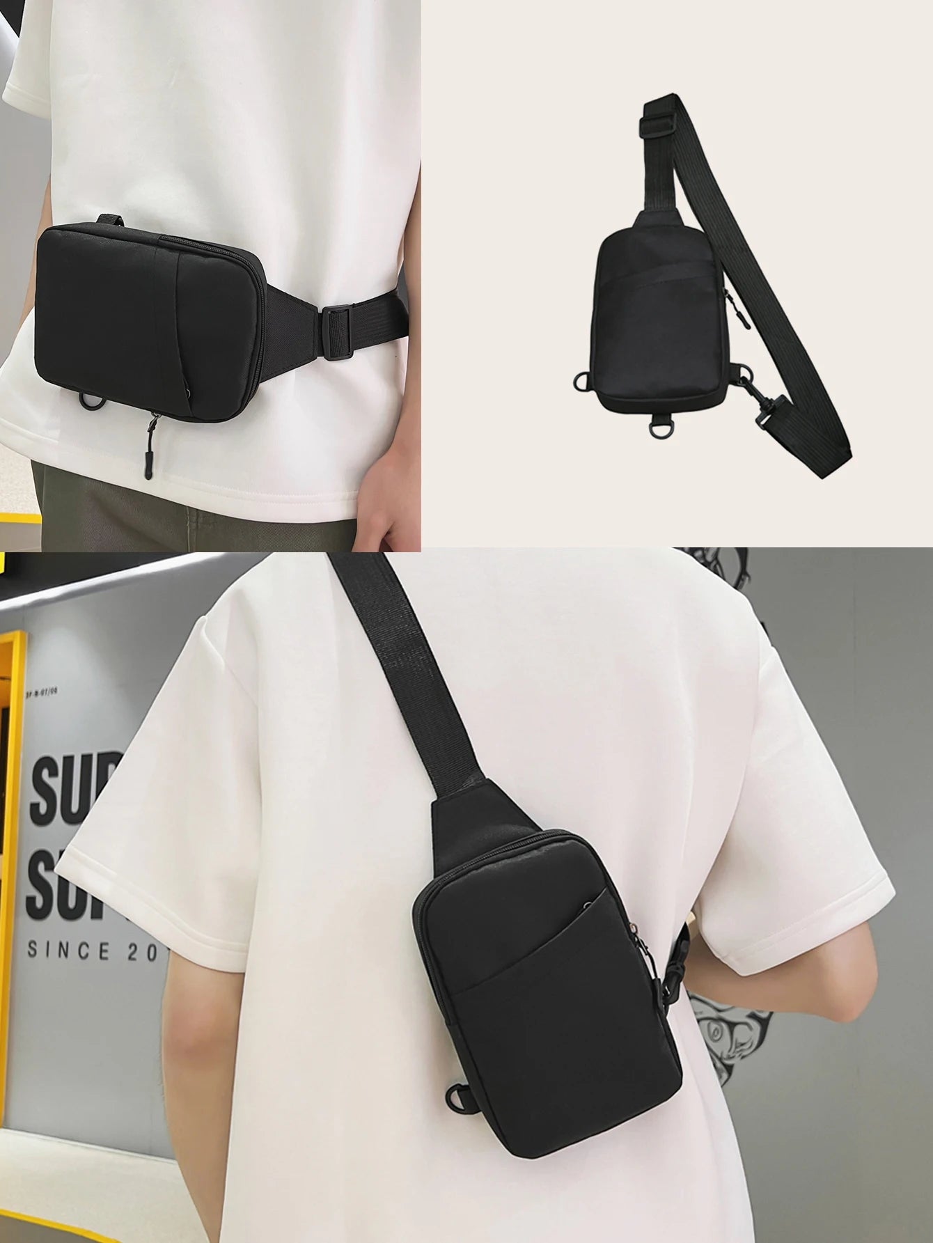 Mini Minimalist Sling Bag Black Messenger Bag Fashion Shoulder Bag Casual Chest Bag Backpack Variable Waist Bag Mobile Phone Bag