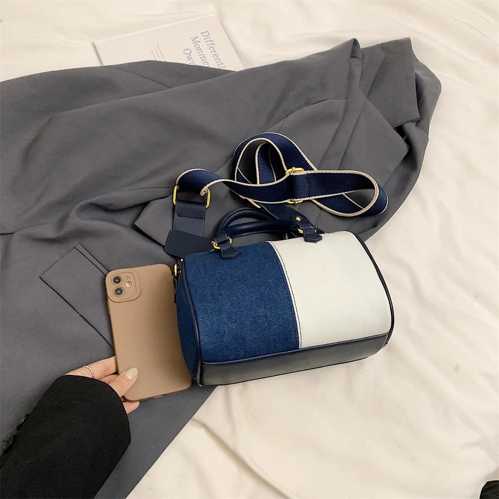 Patchwork Colorblock Mini Handbags For Women Denim Shoulder Cross Body Bags Casual Street Small Boston Bag 2024 Designer Purses