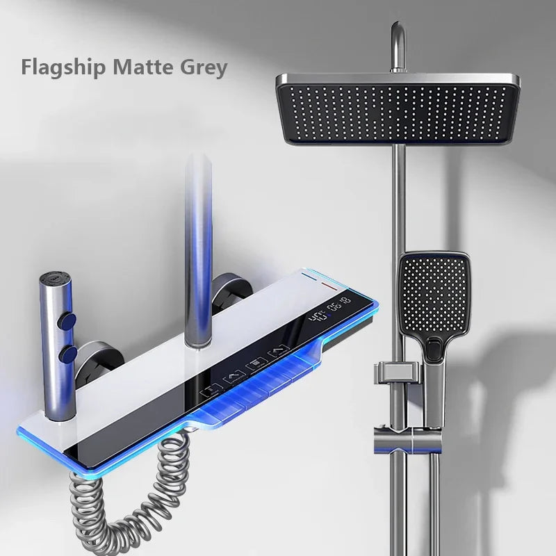 Ambient Light Bathroom Shower Full Set Wall Mount Bathtub Mixer Rain Digital Display Black Shower System Waterfall Shower Faucet