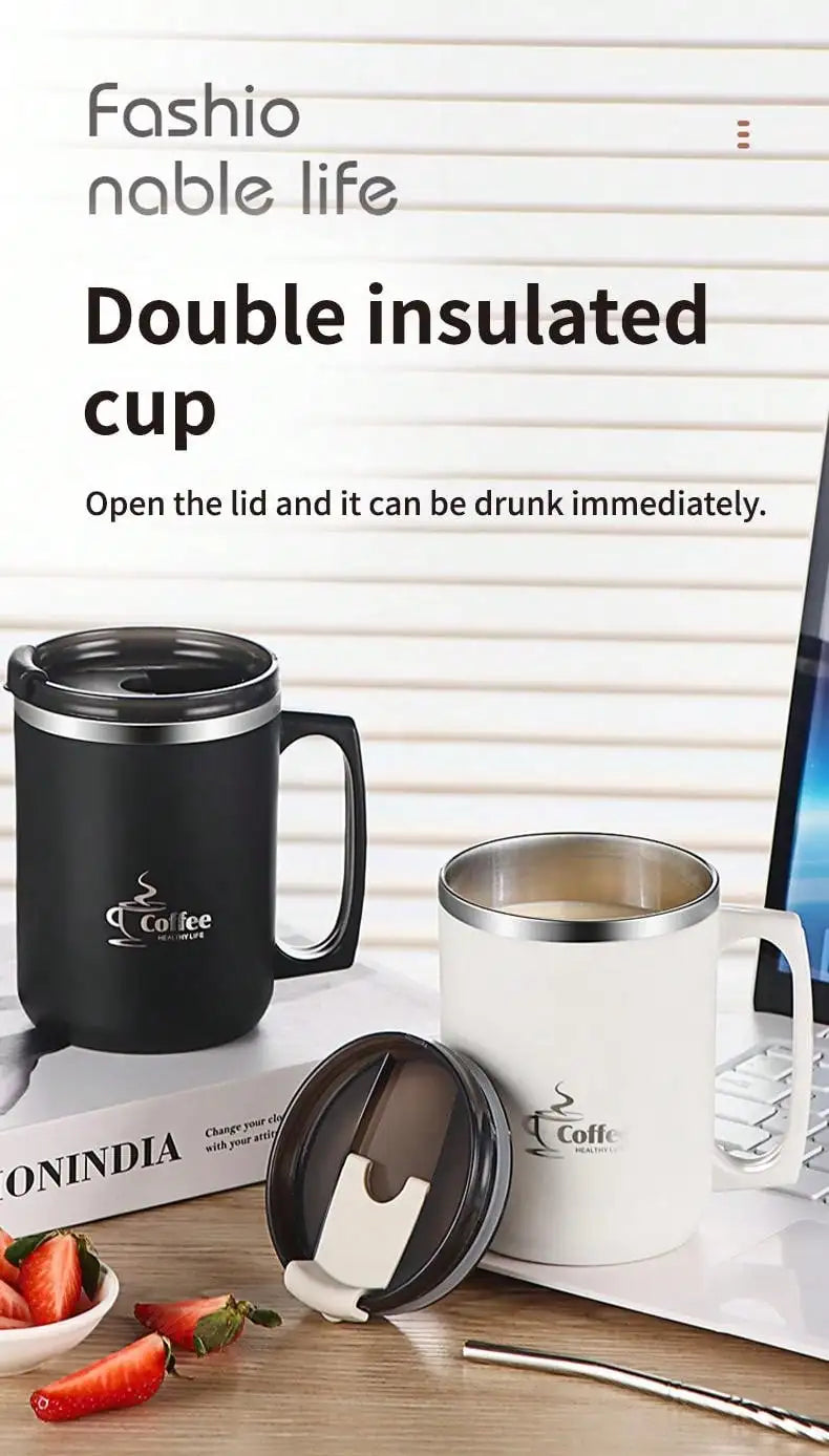 450ML Thermos Mug 304 Stainless Steel Double Wall Insulated Milk Coffee Cup With Handle & Lid Leak-proof Drinking Cup Drinkware