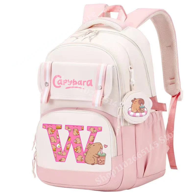 Capibara Cute Backpack Girl Anime Capybara Letter A-Z School Bags Kids Outdoor Sport Shoulders Bag Travel Rucksack Children Gift