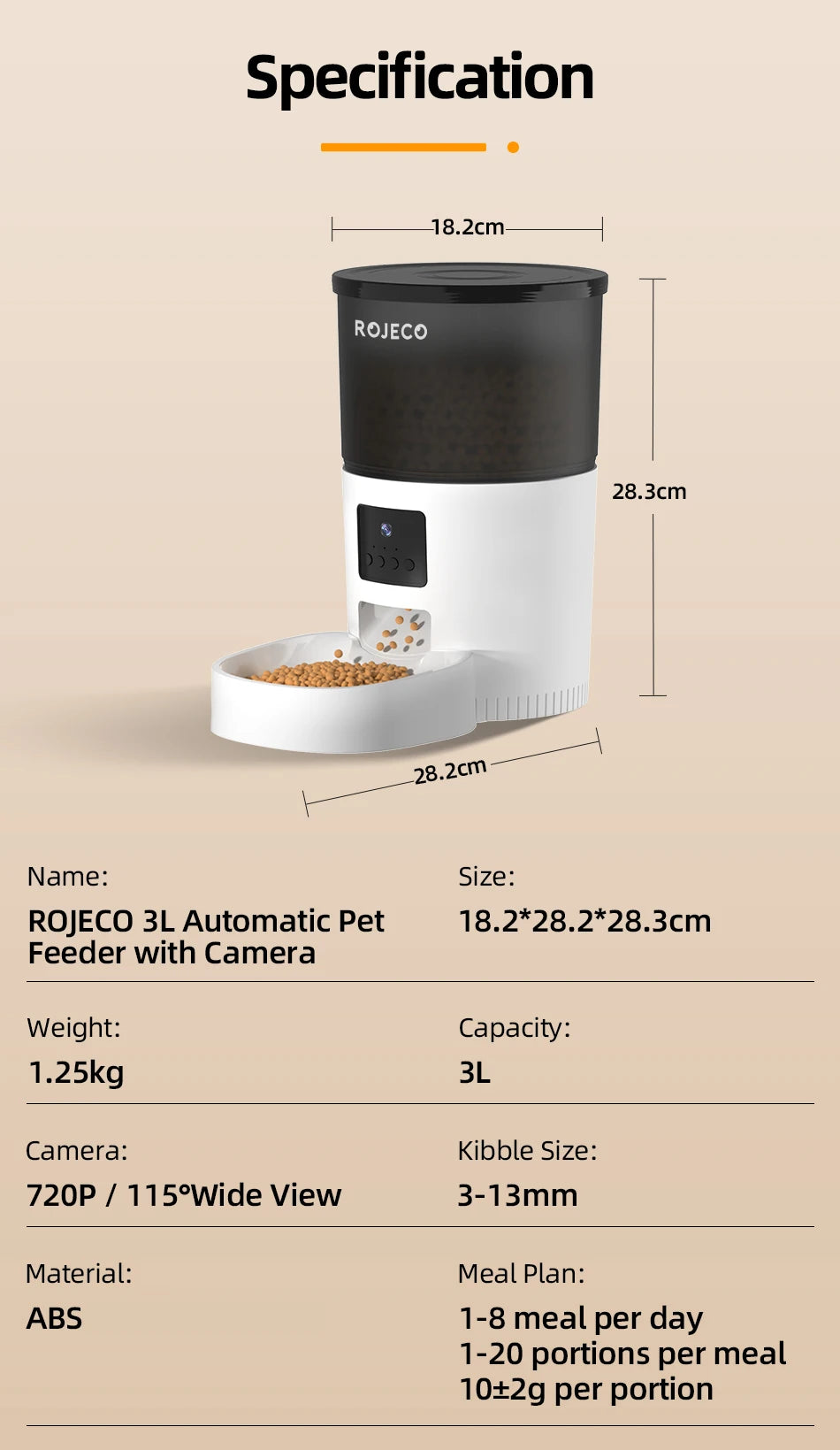 ROJECO 3L Automatic Pets Feeder With Carmen Smart Cat Food Dispenser For Dogs WIFI Rechargeable Feeders For Cats Remote Feeding
