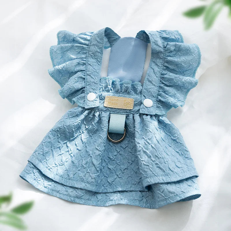 Denim Dog Dresses for Small Dogs, Puppy Girl Clothes with Leash Ring, Flying Sleeves, Summer Cat Apparel, Blue Chihuahua Outfits