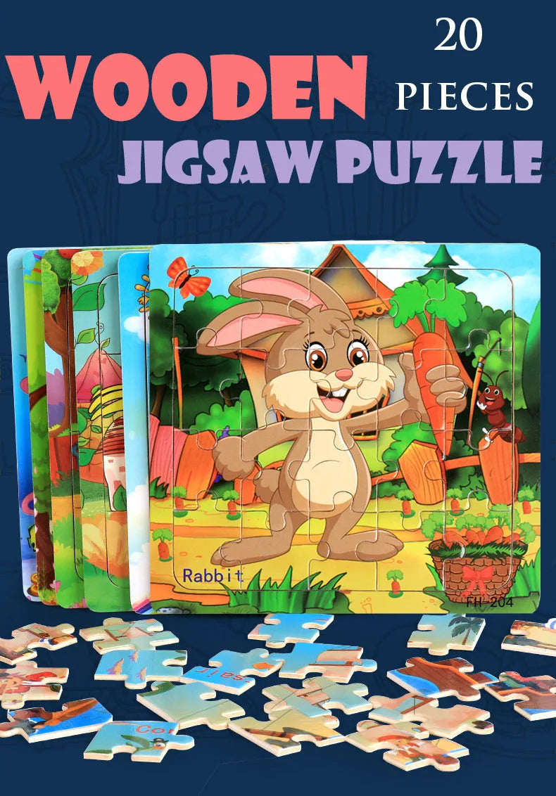 20piece Wooden Puzzle Cartoon Animals Car Letter Number Pattern Jigsaw Puzzles Game Kids Educational Learning Toys for Children