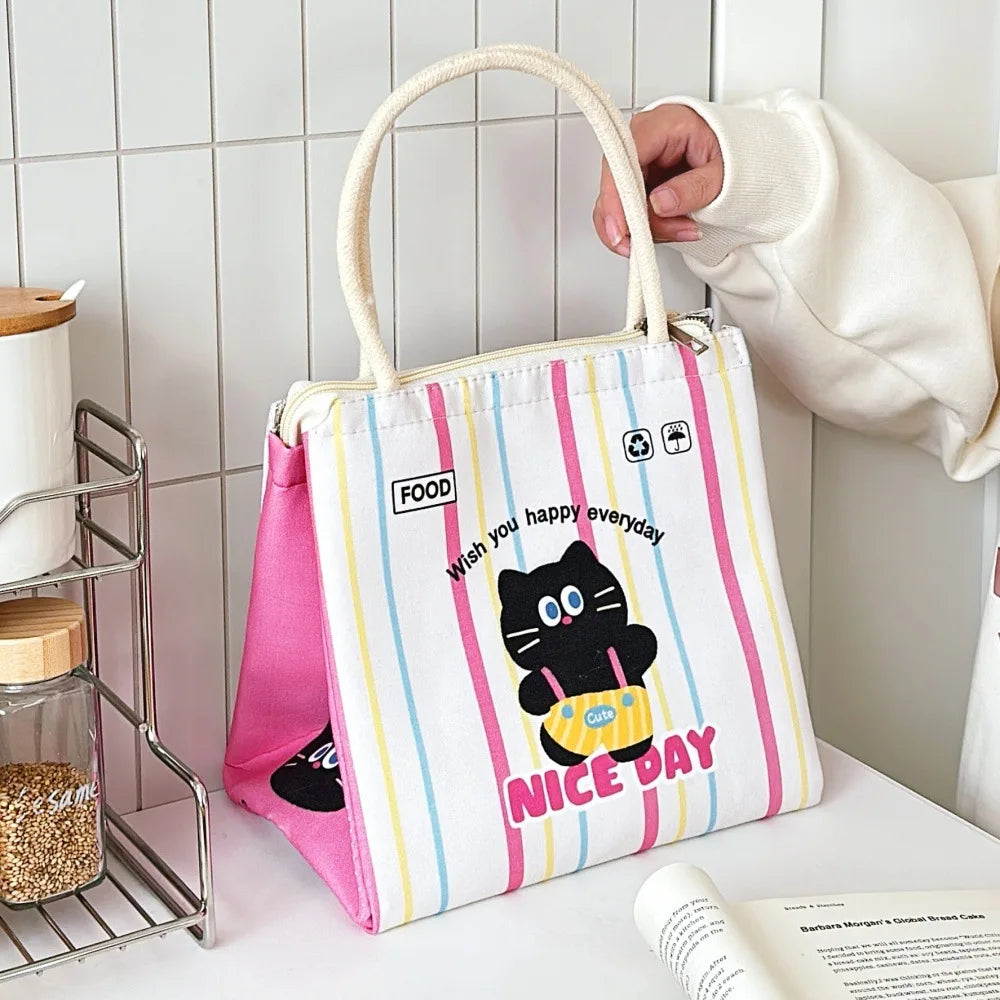 Cute Kitten Lunch Box Bag Student Hand-Held Aluminum Foil Insulated Lunch Box Bag Large Capacity Lunch Box Bag