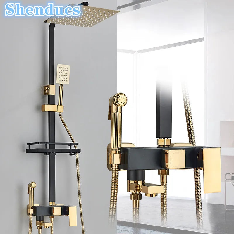 Black Gold Bathroom Shower System Brass Hot Cold Bathroom Faucets Set Accessories 10 Inch Stainless Steel Rain Shower Head