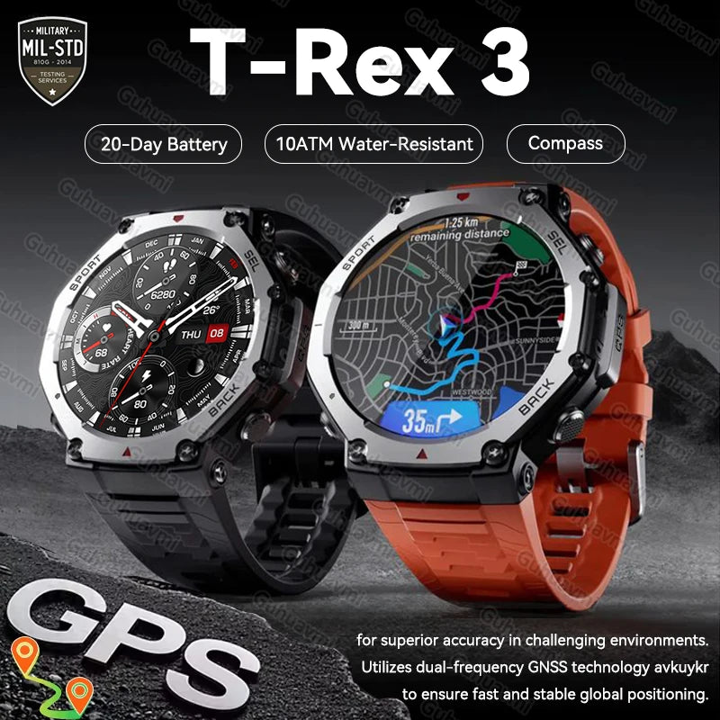 New T-Rex 3 Pro Dual-Band GPS Military Smart Watch 48mm 10ATM Water-Resistant 500mAh Battery Compass Altimeter AGPS Smart Watch