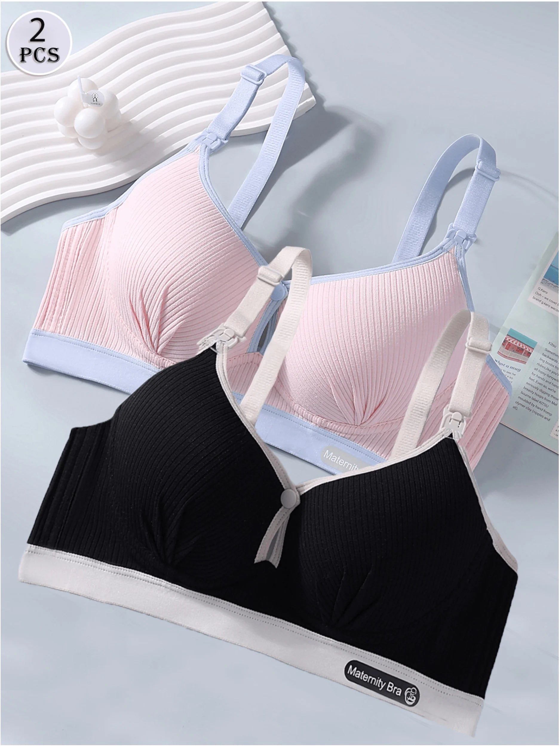 2PCS Pure Cotton Maternity Bra for Pregnant Women with Steel Ring Anti-Sagging Postpartum Comfortable Breathable for Breastfeed
