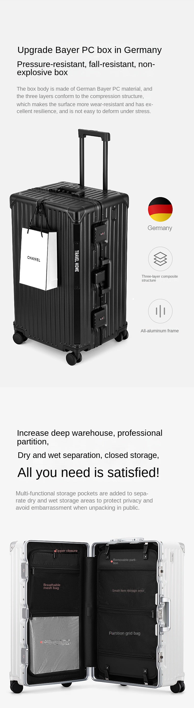 COLENARA High Quality Suitcase Aluminum Frame Large Capacity Trolley Case Cart Travel Bag 24"26"28"30 Inch Rolling Luggage