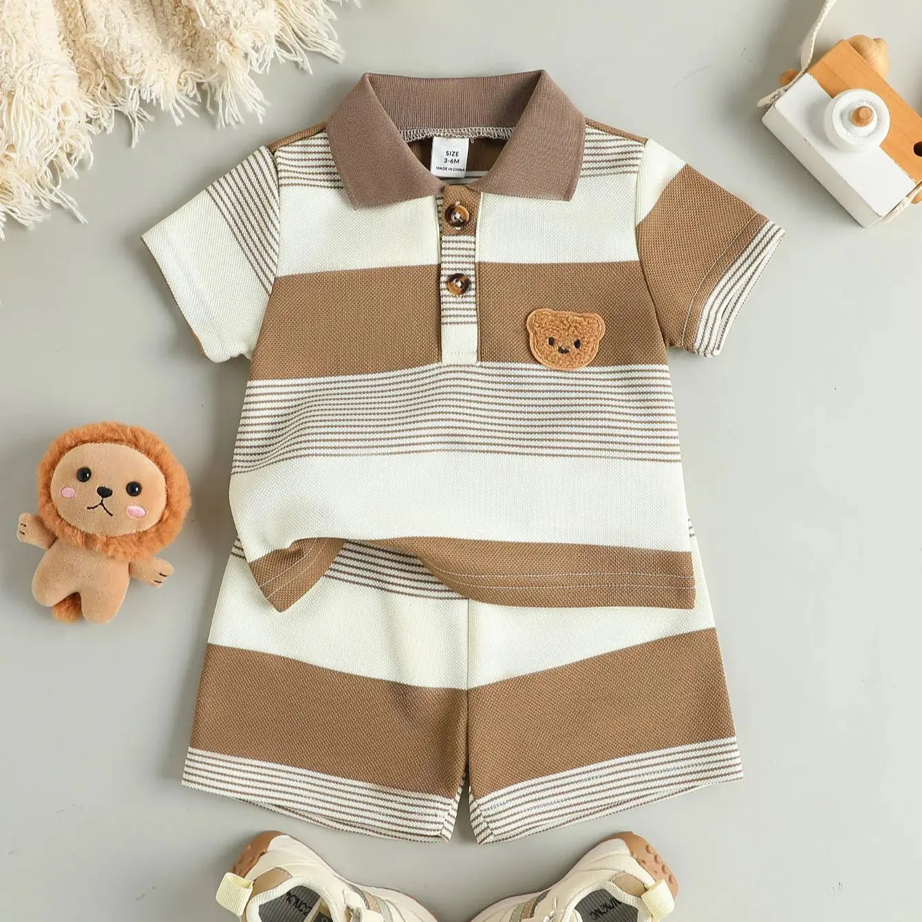 Children’s Summer New Arrival Boys’ Regular Striped Teddy Bear Short T-Shirt and Shorts Casual Sport Two-Piece Set