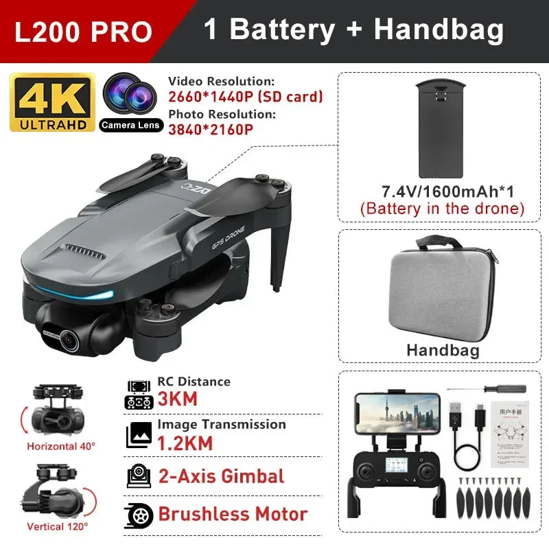 L200 PRO MAX Drone GPS Brushless Motor 4K HD Profesional FPV Quadcopter 2-Axis Gimbal 360° Obstacle Avoidance RC Drone L200 PRO