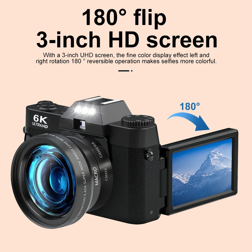 6K Digital Photography Camera 16X Digital Zoom 64MP Vintage Vlog Video Recorder YouTube 180° Flip Screen WiFi Web Cam With Flash