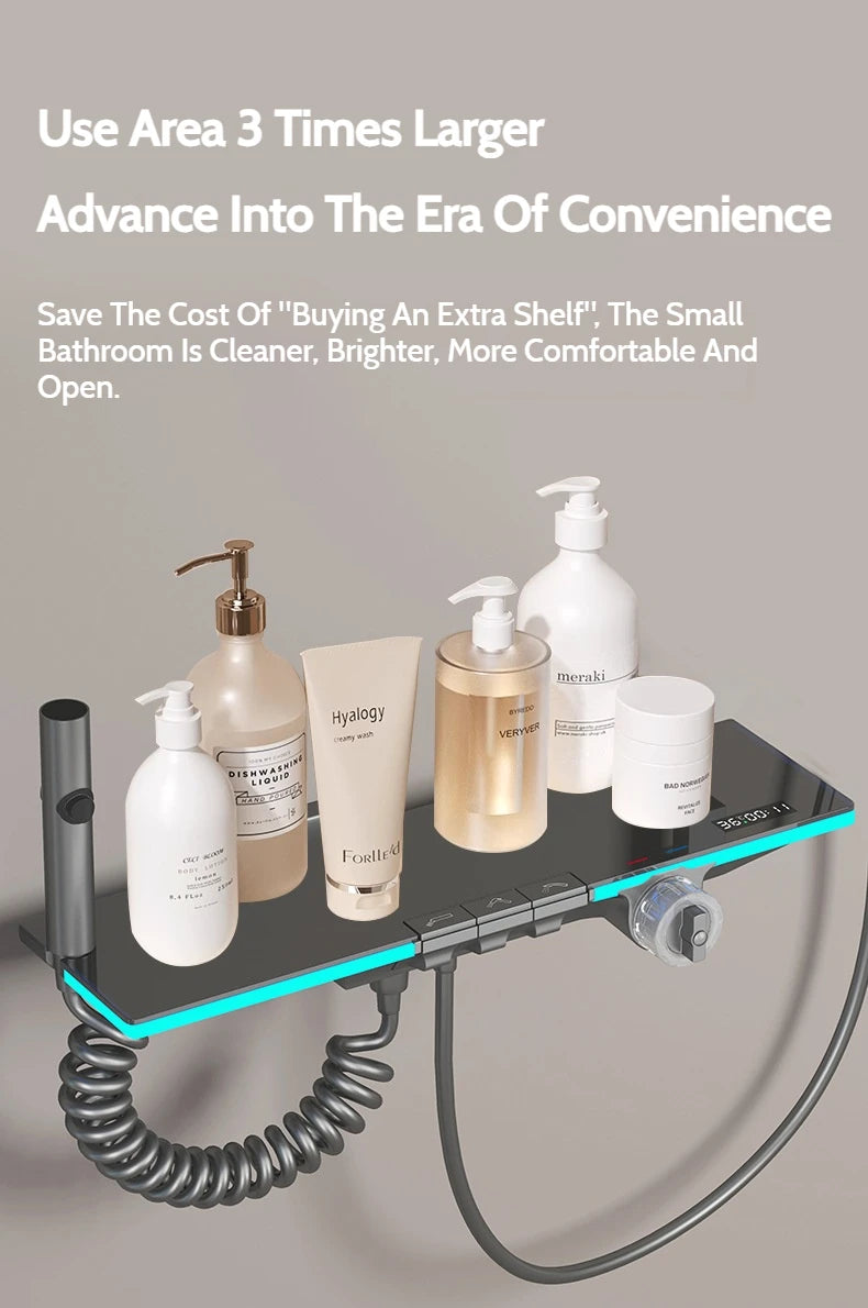 Grey Brass Waterfall Wall Mount Smart Temperature Digital Display Bathtub Faucet Bathroom Faucet Bath Shower Faucet Mixer Crane