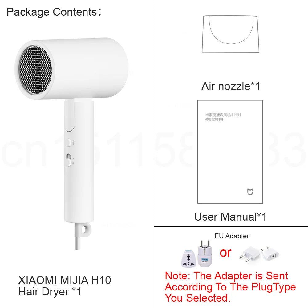 XIAOMI MIJIA H101 Portable Hair Dryer – 1600W,Foldable,50M Negative Ions,15m/s Airflow,Dual Heat & Speed Modes,220V With adapter