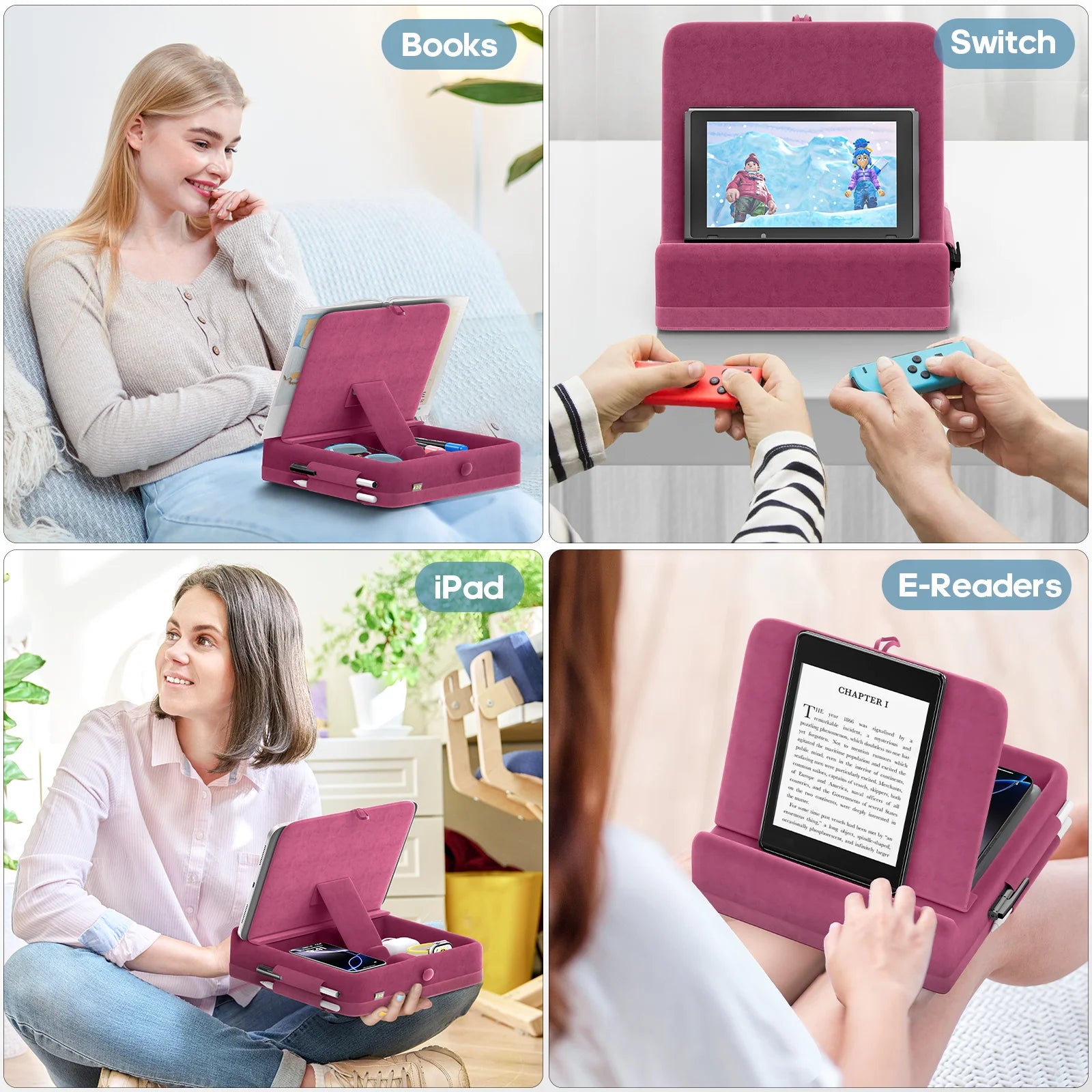 Tablet Pillow Stand with Storage Foldable iPad Holder for Bed & Lap and Desk Angle Adjustable Soft Pad Dock with Stylus Mount