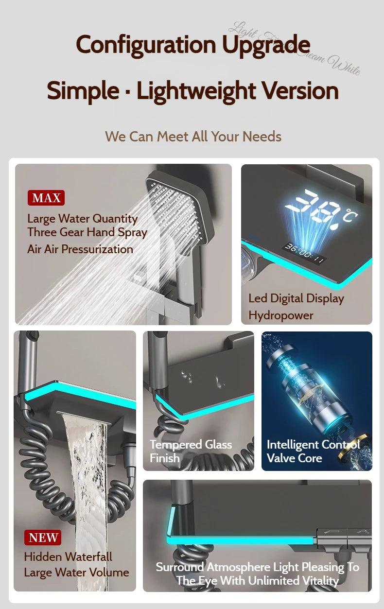 Grey Brass Waterfall Wall Mount Smart Temperature Digital Display Bathtub Faucet Bathroom Faucet Bath Shower Faucet Mixer Crane