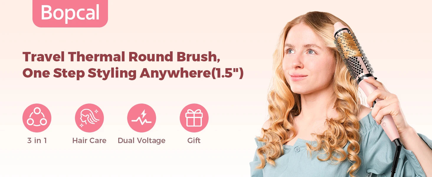 Dual Voltage Thermal Brush, 1.5 Inch Heated Round Brush with Negative Ions & Ceramic for Volumizing, 6 Temps & Auto Shut-Off