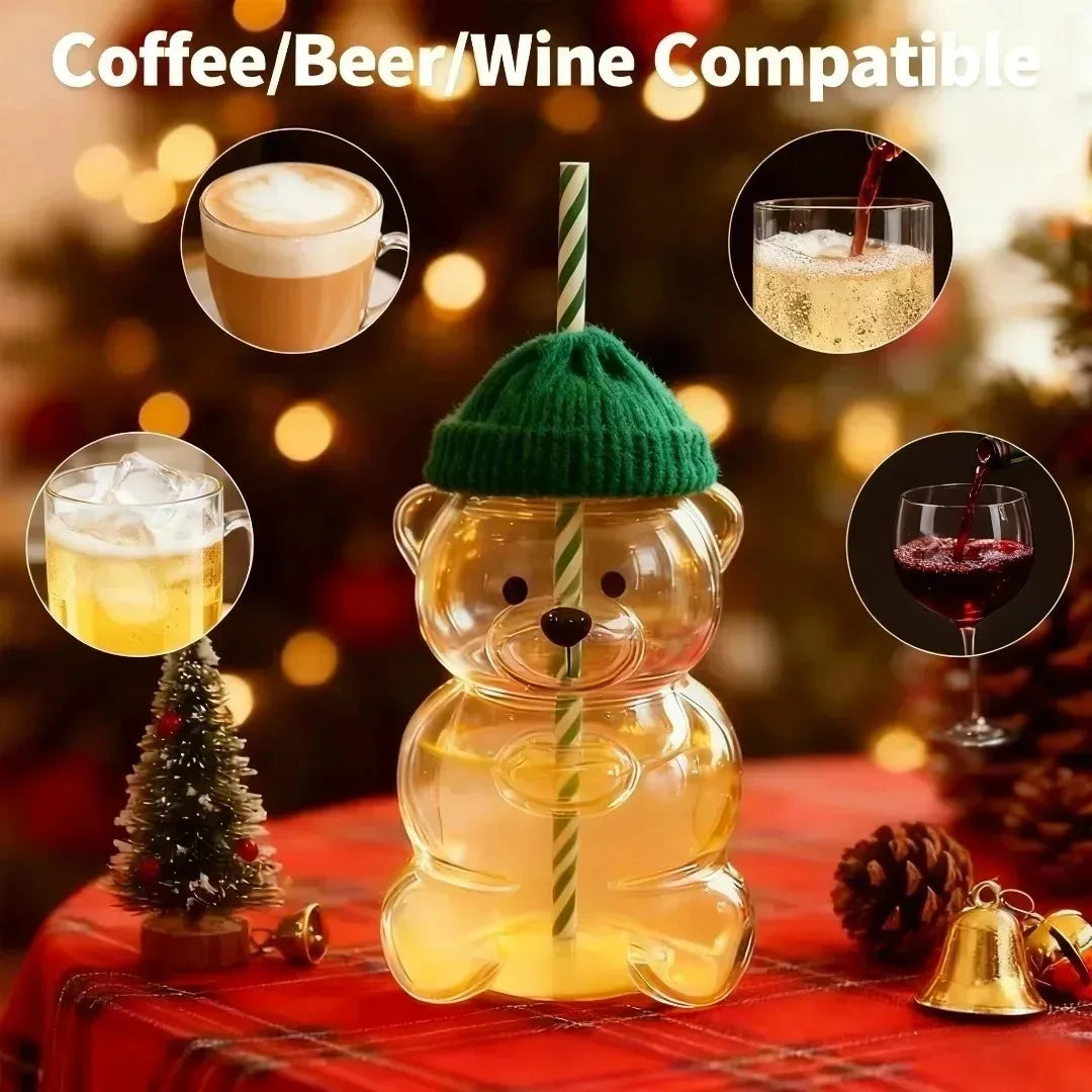 New Bear Straw Glass Cup Perfect for Juices,Milk Tea,Smoothies Water,Drinkware cup for Home, Bar & Office, Christmas Gift Idea