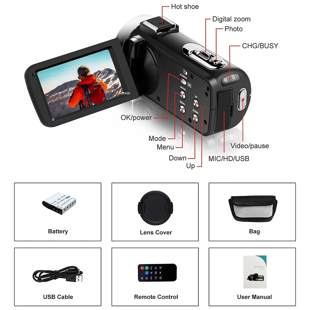 4K Portable Digital photography Camera 2 in1 Photo Video Record DV Travel Video Camera 18X Zoom 3'' Rotatable Screen With Flash