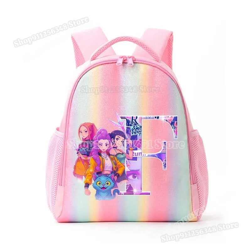 Anime K-pop Demon Hunters Letter A-Z Print Kids Backpack Girls Lightweight Casual School Back Pack Rainbow Color Mochilas Gifts