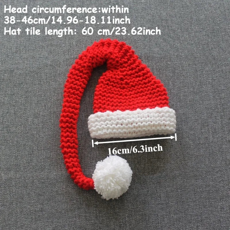 Christmas Theme Newborn Photography Props Soft Knitted Red Long Tail Fur Ball Christmas Hat Studio Baby Photoshoot Accessories