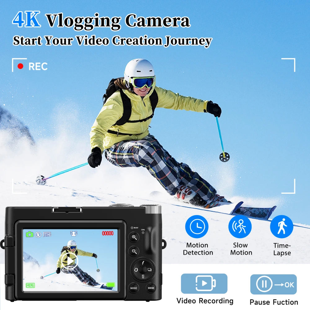 4K Digital Camera for Photography and Video Autofocus Anti-Shake 48MP Compact Vlogging Camera 3'' 180° Flip Screen with Flash