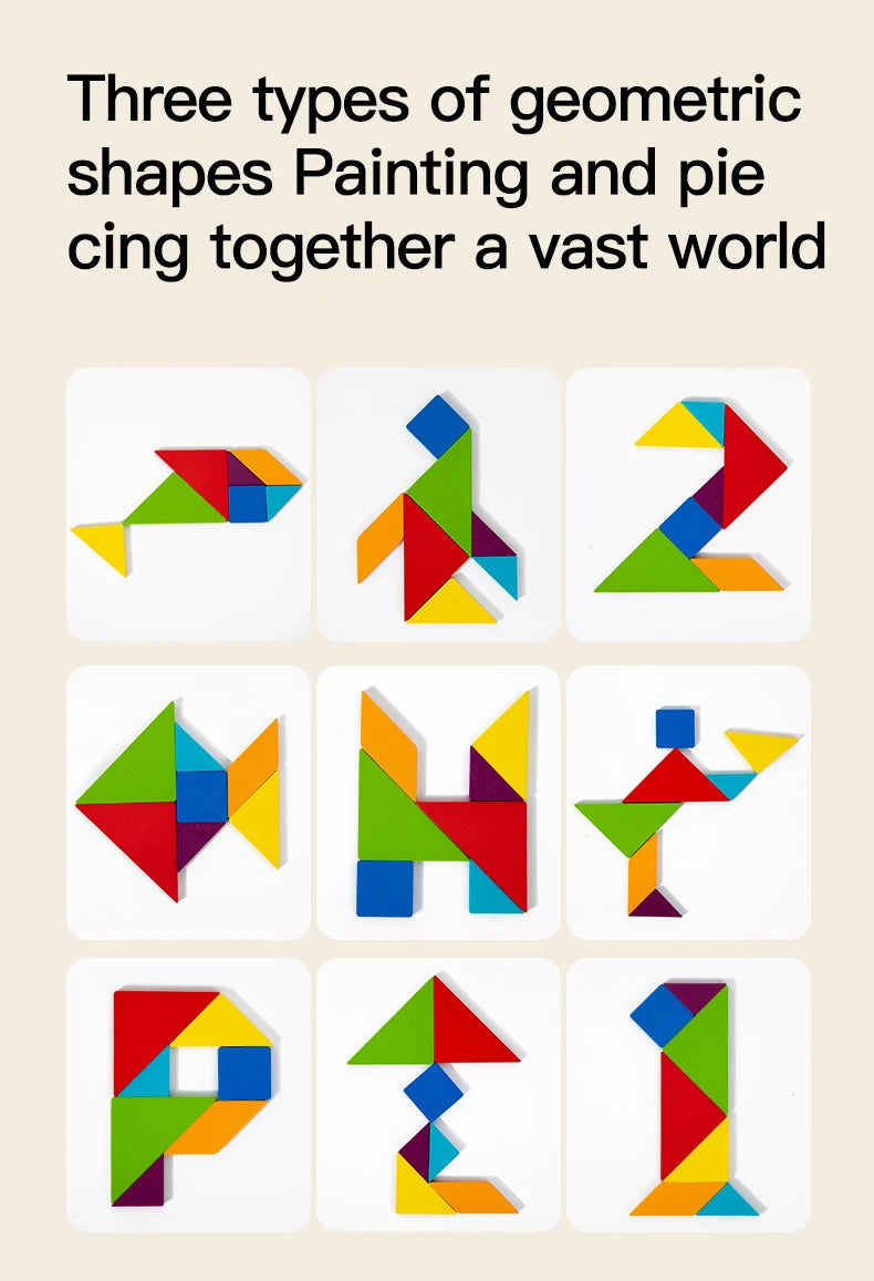 3D Wooden Tangram Jigsaw Puzzles Board Games Kids Montessori Educational Toys Children Kindergarten Geometric Shape Teaching Aid