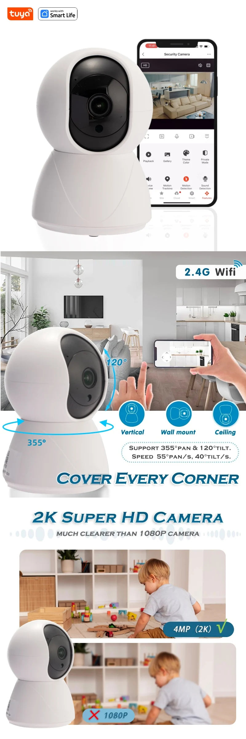 USB 4MP Indoor Camera,2K Security Camera for Baby Monitor,PTZ Wifi Cameras for Home Security,Pet Camera Works with Tuya