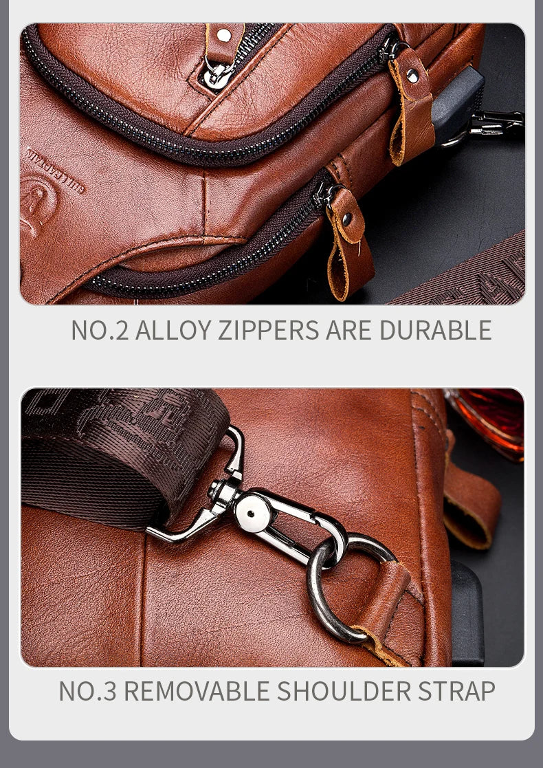 Bullcaptain Leather Large Capacity Chest Bag Men's Shoulder Bag with USB Port for Outdoor Casual Activities