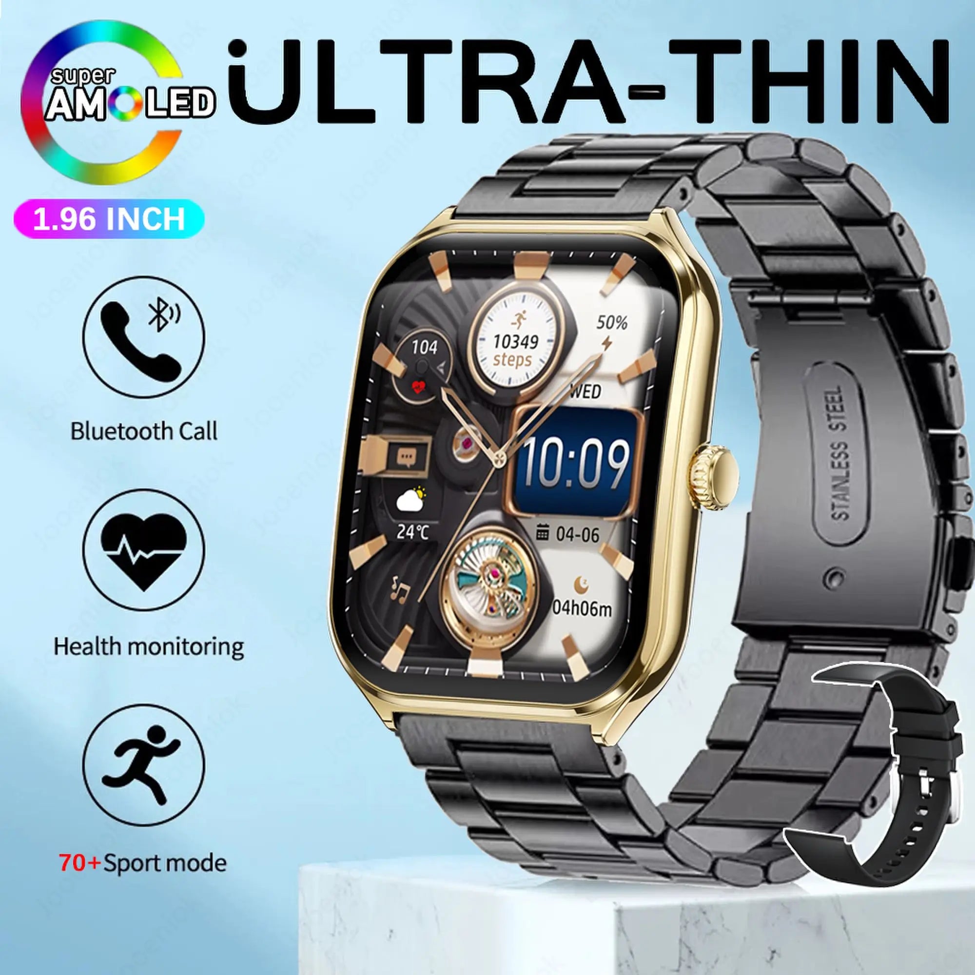 2025 New 7.5MM Ultra Thin Smart Watch Men 1.96"AMOLED Screen Always Show Time Heart Rate Sport Waterproof BT Call Smartwatch