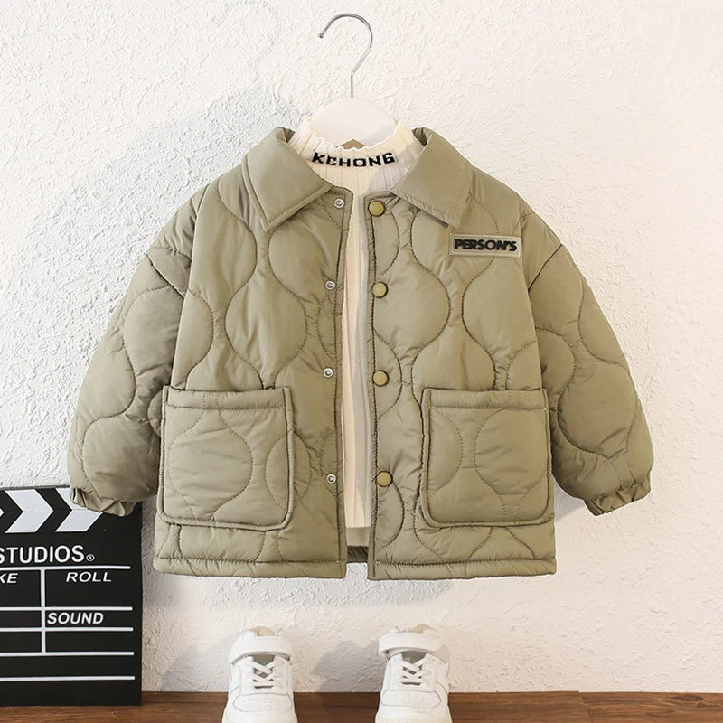 Autumn Kids Cotton Jacket Winter Boys Solid Color Thick Plus Velvet Warm Coat For 3-10 Years Teen Children Outerwear Clothing ﻿