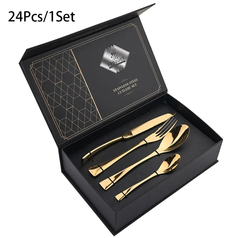 24Pcs/Set  Cutlery Sets 304 Stainless Steel mirror Tableware Knife Forks Spoons Silverware Dinnerware Kitchen Flatware Gift Box