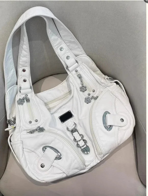 JIAERDI Vintage White Large Capacity Handbag Women High Street Leather Pocket Y2k Shoulder Bags Ladies Retro Purse Bagutte Bag