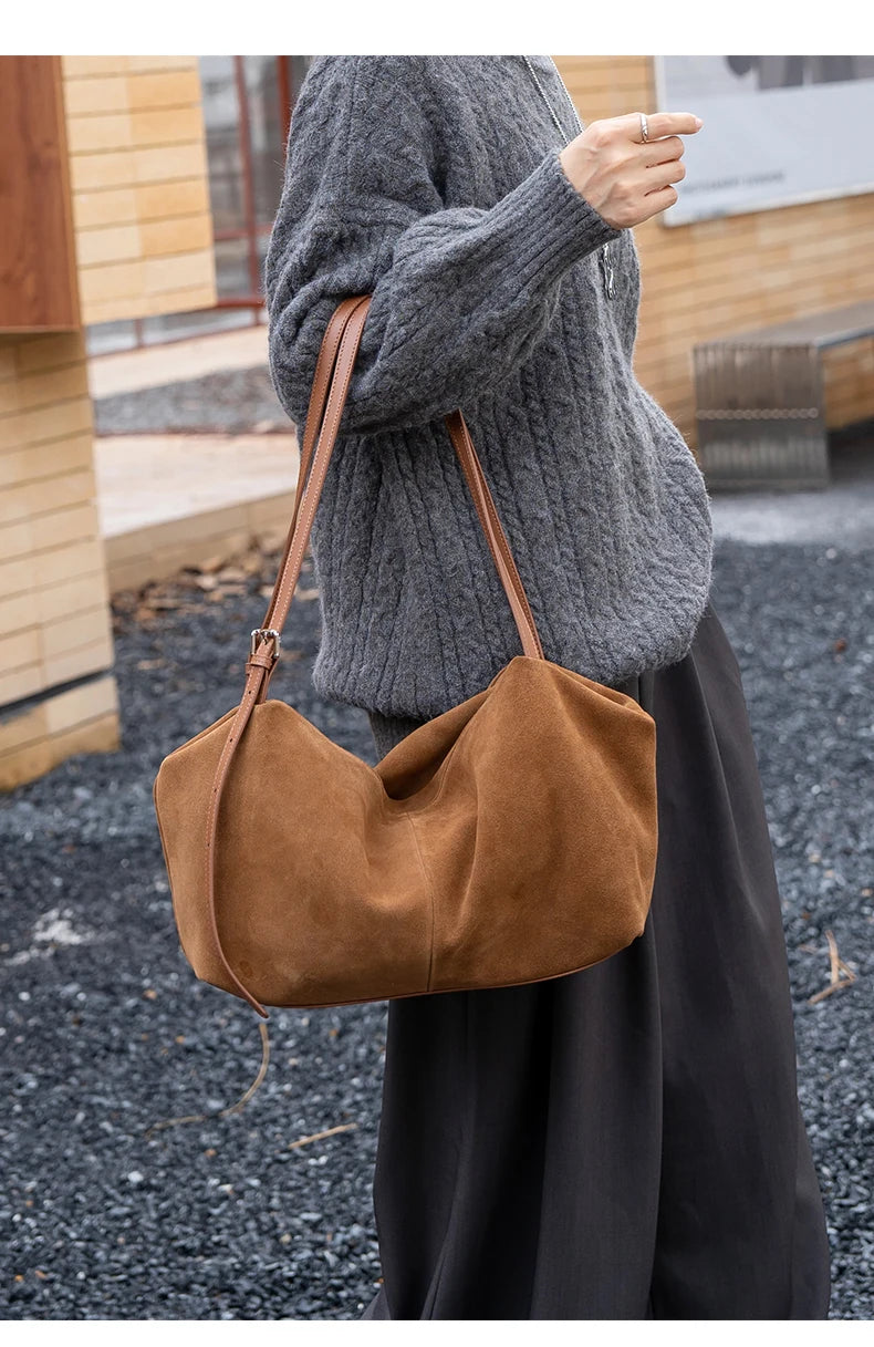 Women's Suede Cow Genuine Leather Shoulder Bags Ladies Soft Cowhide Crossbody Bag Female Design Luxury Lazy Commuting Handbag